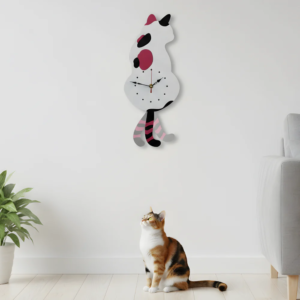 Cat Silhouette Wall Clock with Silent Movement and Swinging Tail Pendulum